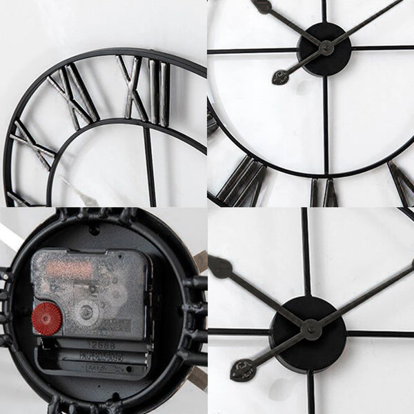 Large Vintage Black Metal Wall Clock | Round Silent Clock with Roman Numerals - POUEV