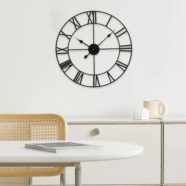 Large Vintage Black Metal Wall Clock | Round Silent Clock with Roman Numerals - POUEV