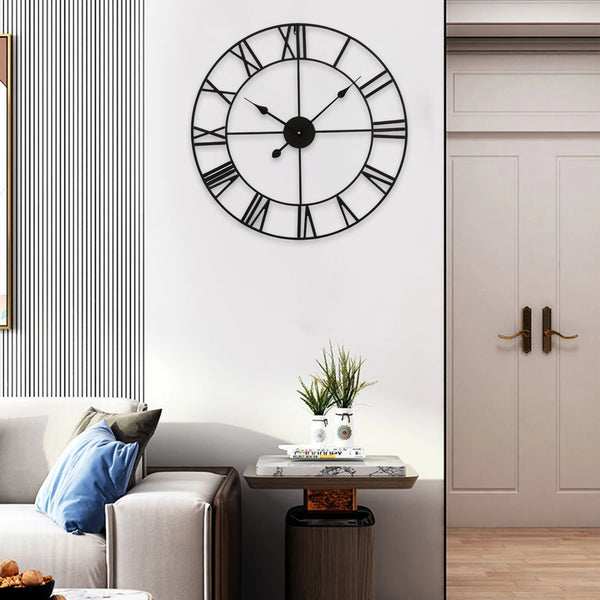Large Vintage Black Metal Wall Clock | Round Silent Clock with Roman Numerals - POUEV