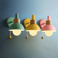 Wandlamp – Houten en ijzeren constructie – Met trekschakelaar, Macaron-stijl