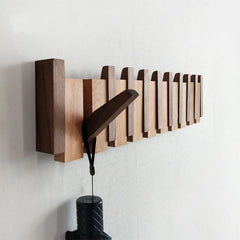 Wall-Mounted Coat Rack | Beech & Walnut Hook Hanger with Foldable Shelf | Wooden Home Decor for Bedroom Closets - POUEV