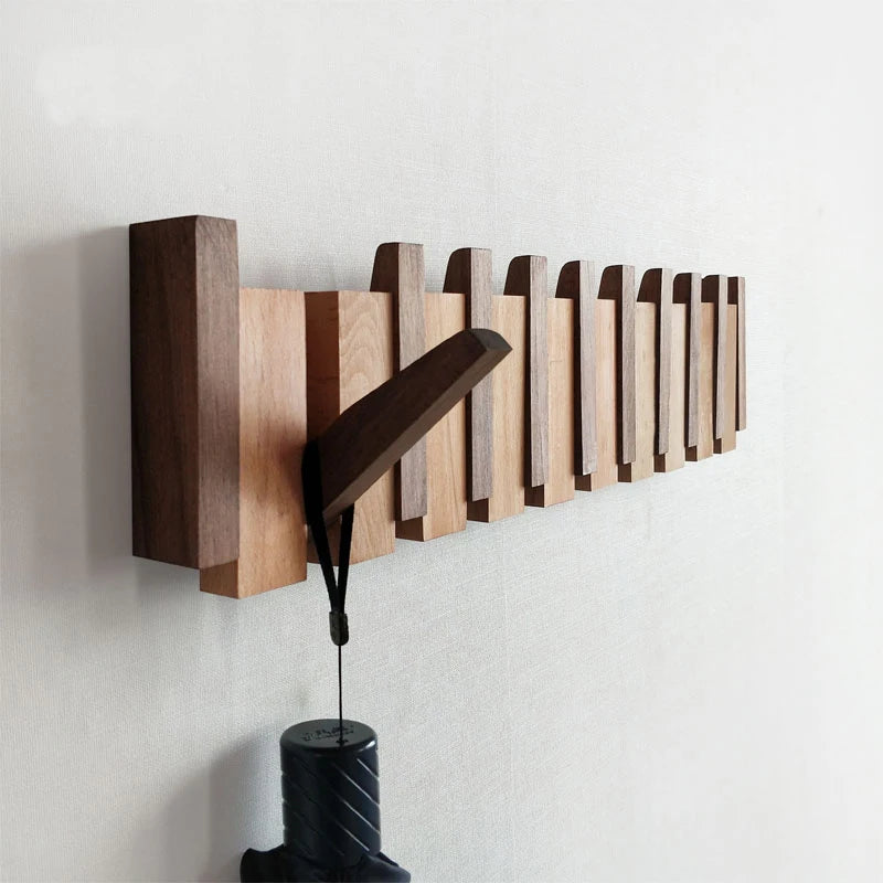 Wall-Mounted Coat Rack | Beech & Walnut Hook Hanger with Foldable Shelf | Wooden Home Decor for Bedroom Closets - POUEV