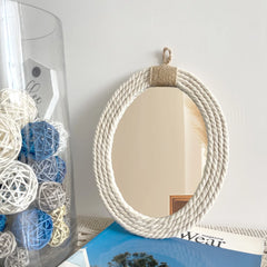 Cotton Rope Oval Mirror | Nautical & Coastal Style with Macrame Fringe | Hanging Oval Decorative Mirror - POUEV