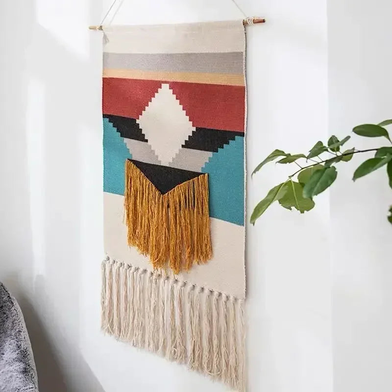 Macrame Wall Hanging Tapestry | Nordic Cotton Tassel Handmade Woven Bohemian Geometric Canvas Cloth - POUEV