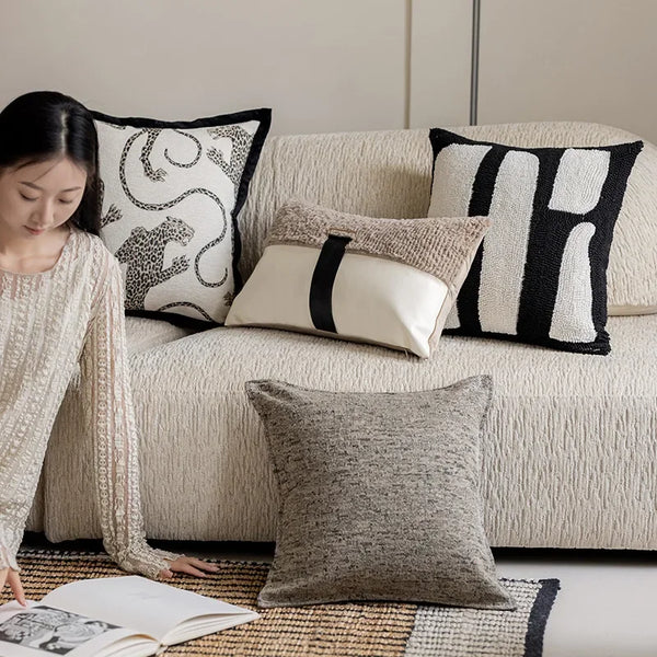 Minimalistische Zwart-Witte Kussenhoes | Luxe Luipaard Jacquard | Sofa Decor - POUEV
