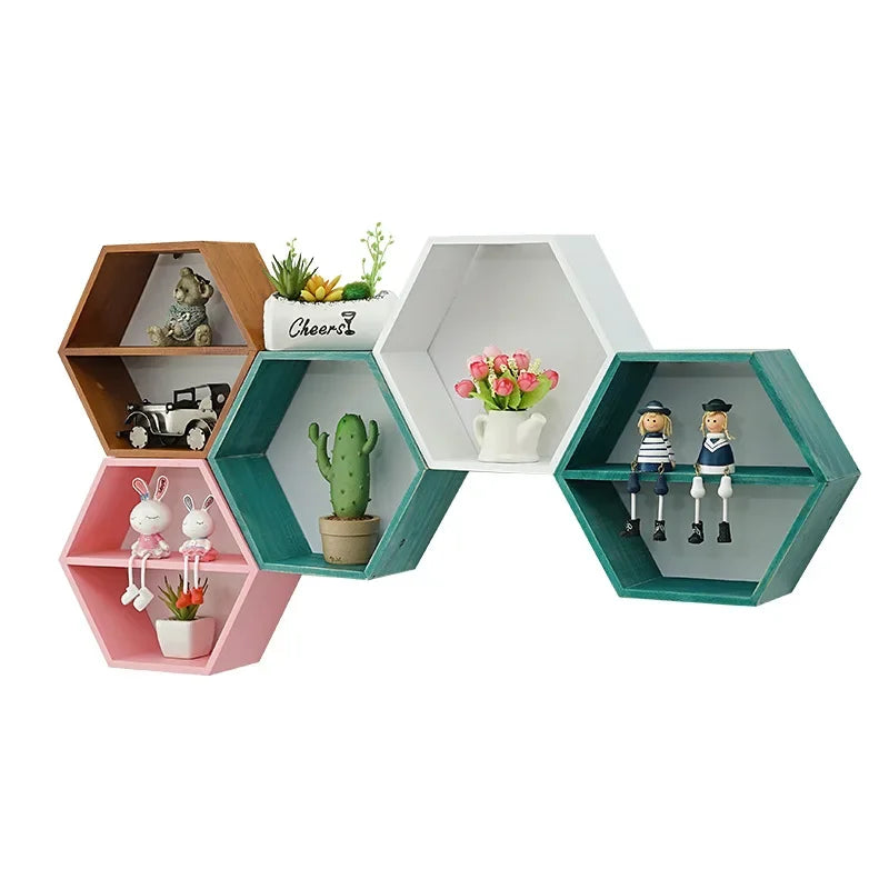 Nordic Style Wooden Hexagonal Wall Shelf - POUEV