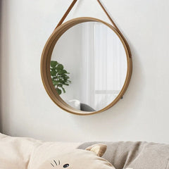 Round Wall-Mounted Vanity Mirror | Thick Wooden Border, No Perforation | Bathroom & Makeup Mirror - POUEV