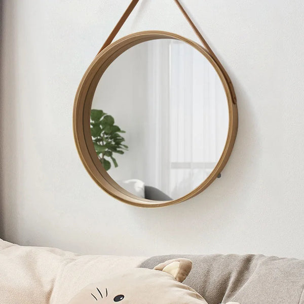 Round Wall-Mounted Vanity Mirror | Thick Wooden Border, No Perforation | Bathroom & Makeup Mirror - POUEV