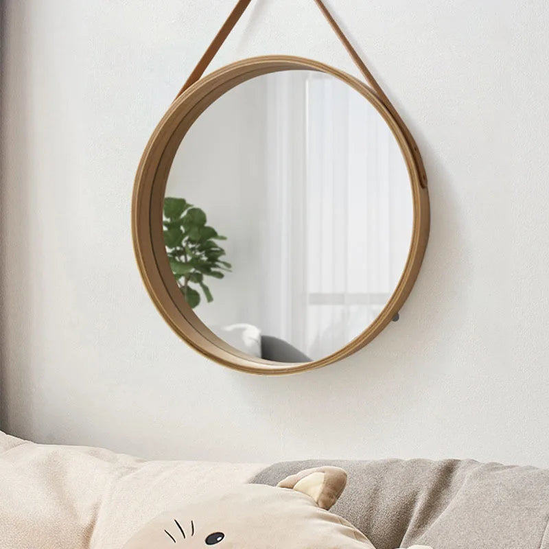 Round Wall-Mounted Vanity Mirror | Thick Wooden Border, No Perforation | Bathroom & Makeup Mirror - POUEV