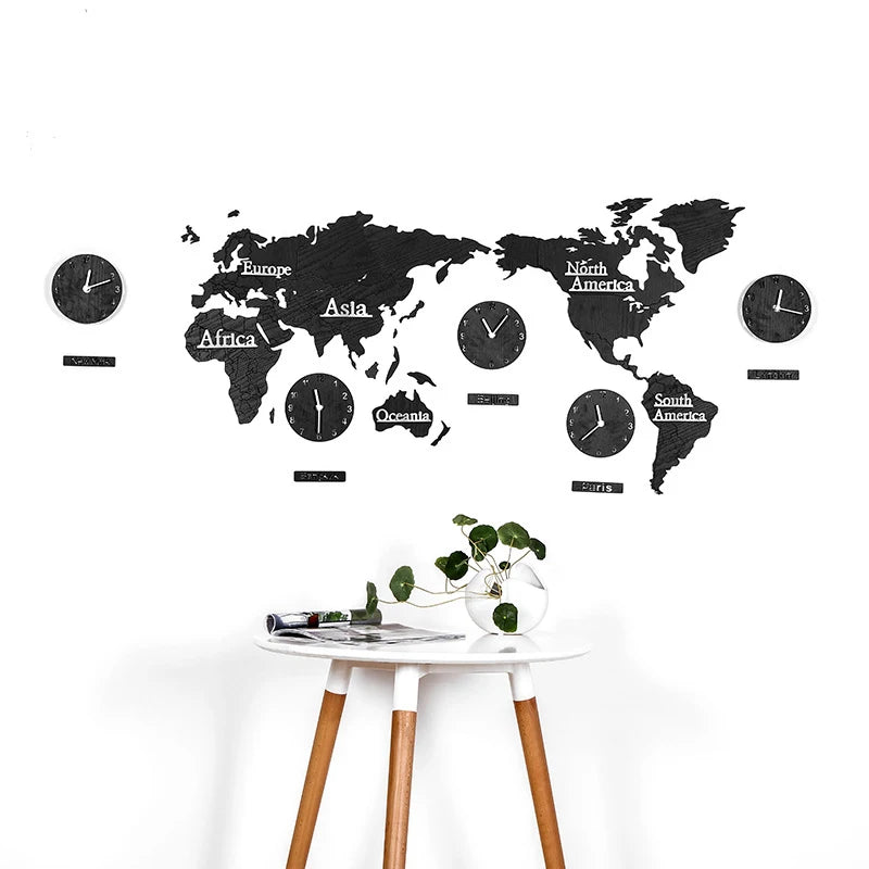 Nordic Wooden World Map Wall Clock | Silent Large Decorative Clock - POUEV