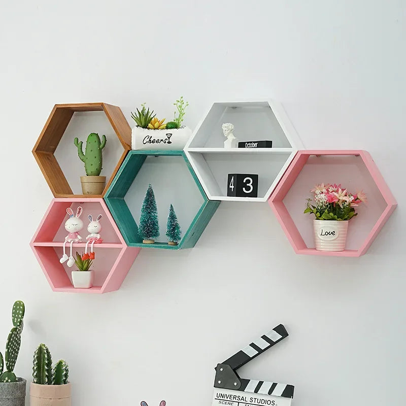 Nordic Style Wooden Hexagonal Wall Shelf - POUEV