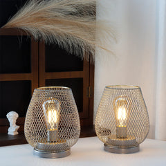 Set of 2 Metal Cage Table Lamp | Vintage Battery Operated LED Lantern - POUEV