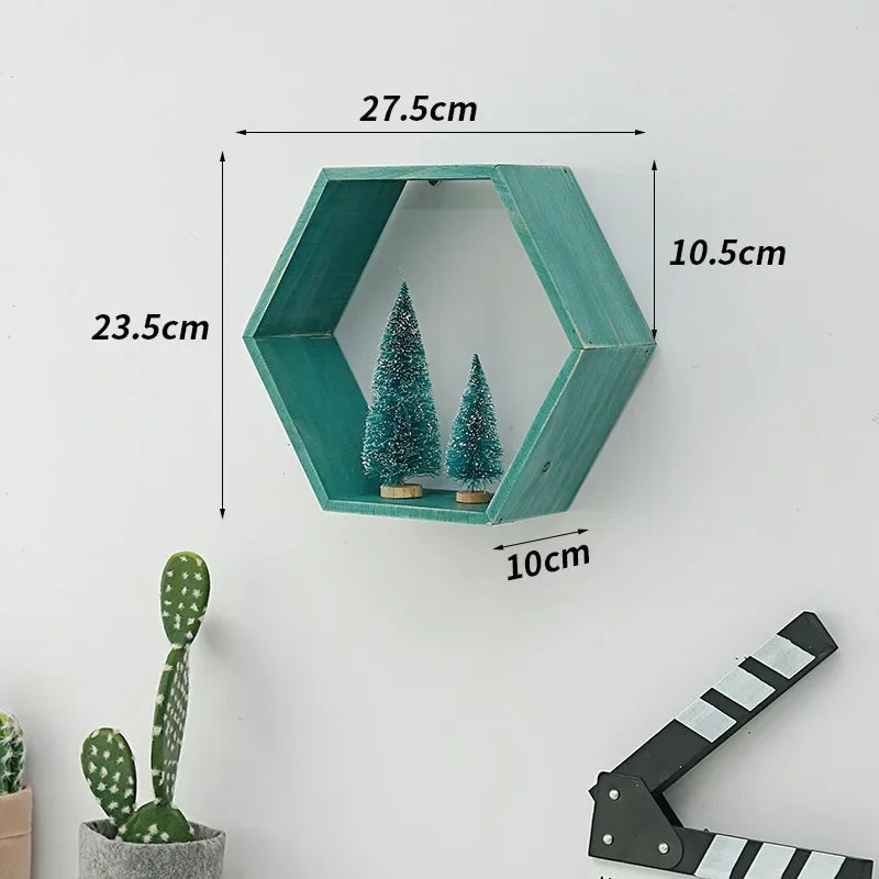 Nordic Style Wooden Hexagonal Wall Shelf - POUEV