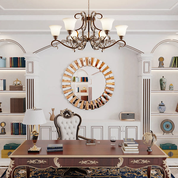 Sunburst Round Wall Mirror | Decorative Beveled Edge Accent Mirror for Living Room & Vanity - POUEV