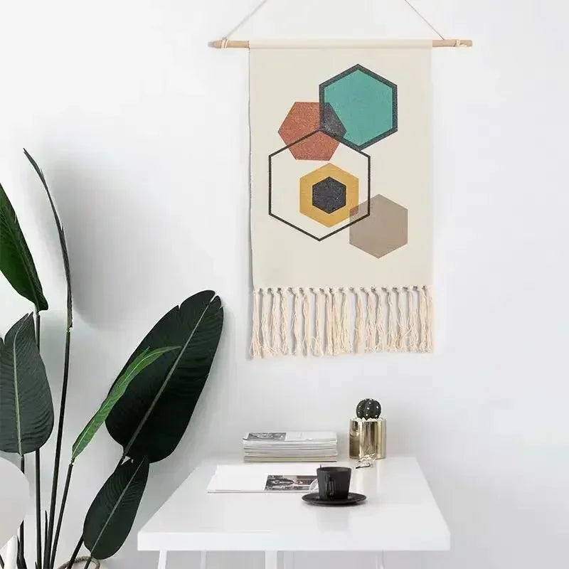 Macrame Wall Hanging Tapestry | Nordic Cotton Tassel Handmade Woven Bohemian Geometric Canvas Cloth - POUEV