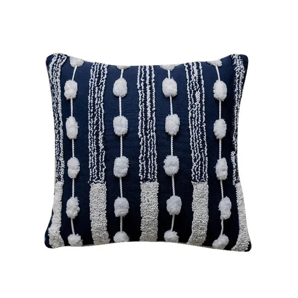 Boho Tufted Kussenhoes | Marineblauw | Geometrisch Patchwork & Kwastjes - POUEV