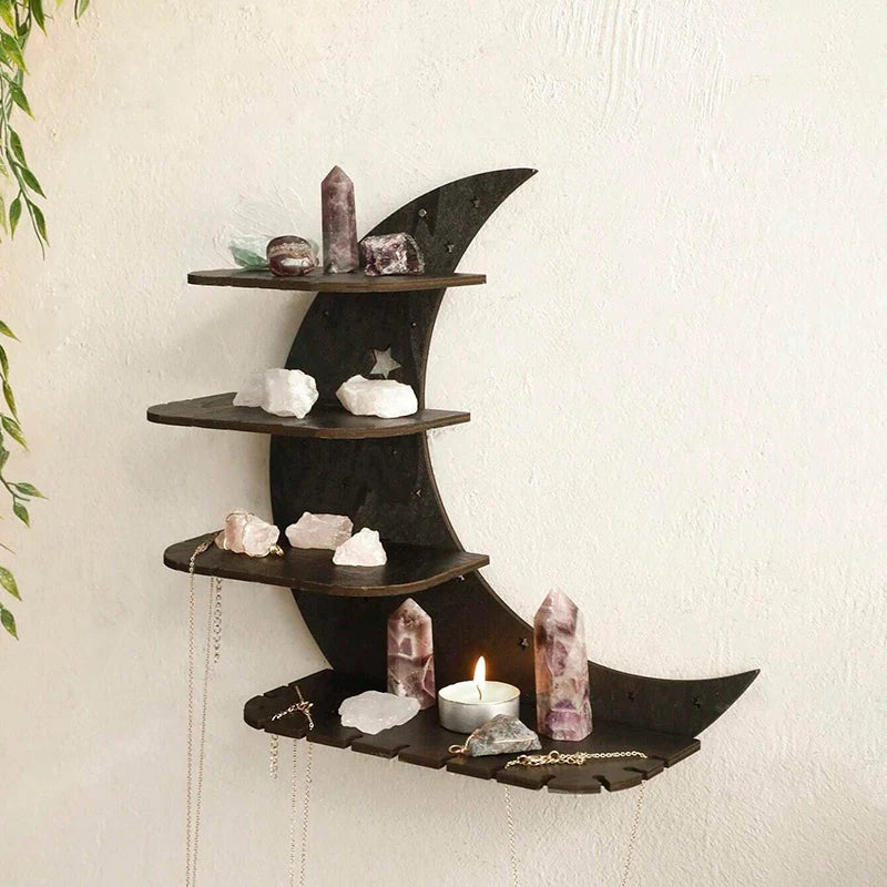 30cm Black Moon Wall Shelf | 4-Tier Gothic Floating Shelf - POUEV