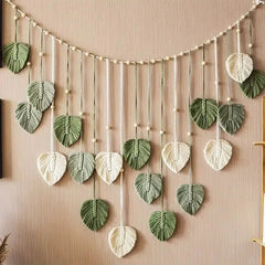 Boho Macramé Tapestry | Macramé Leaf Feather Wall Hanging | Boho Wall Art for Living Room and Bedroom - POUEV