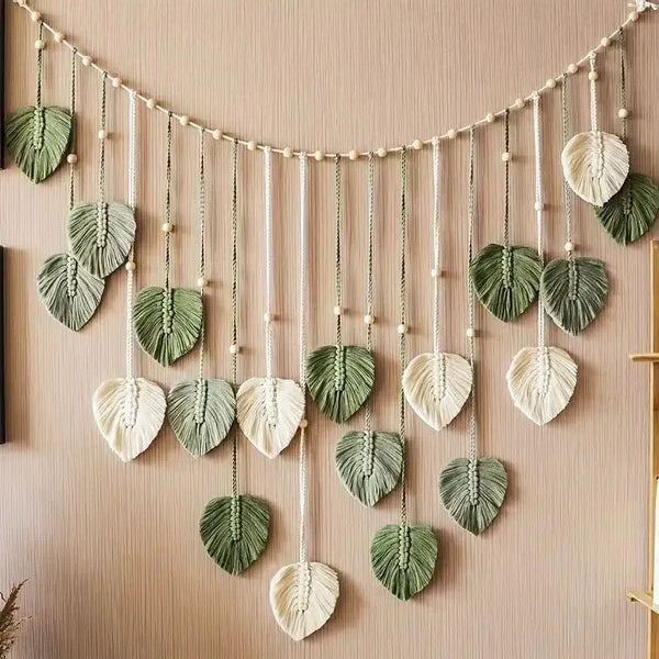 Boho Macramé Tapestry | Macramé Leaf Feather Wall Hanging | Boho Wall Art for Living Room and Bedroom - POUEV