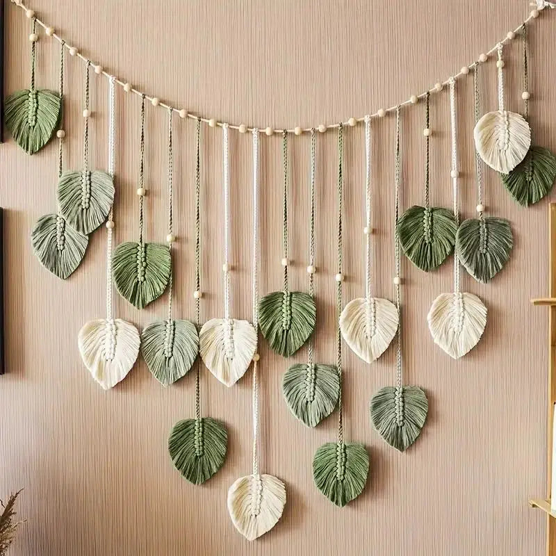 Boho Macramé Tapestry | Macramé Leaf Feather Wall Hanging | Boho Wall Art for Living Room and Bedroom - POUEV