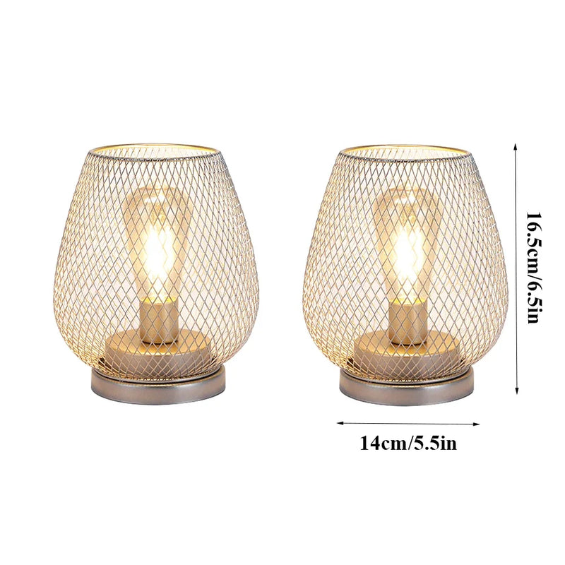 Set of 2 Metal Cage Table Lamp | Vintage Battery Operated LED Lantern - POUEV