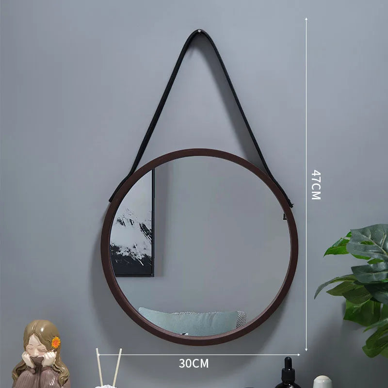 Round Wall-Mounted Vanity Mirror | Thick Wooden Border, No Perforation | Bathroom & Makeup Mirror - POUEV