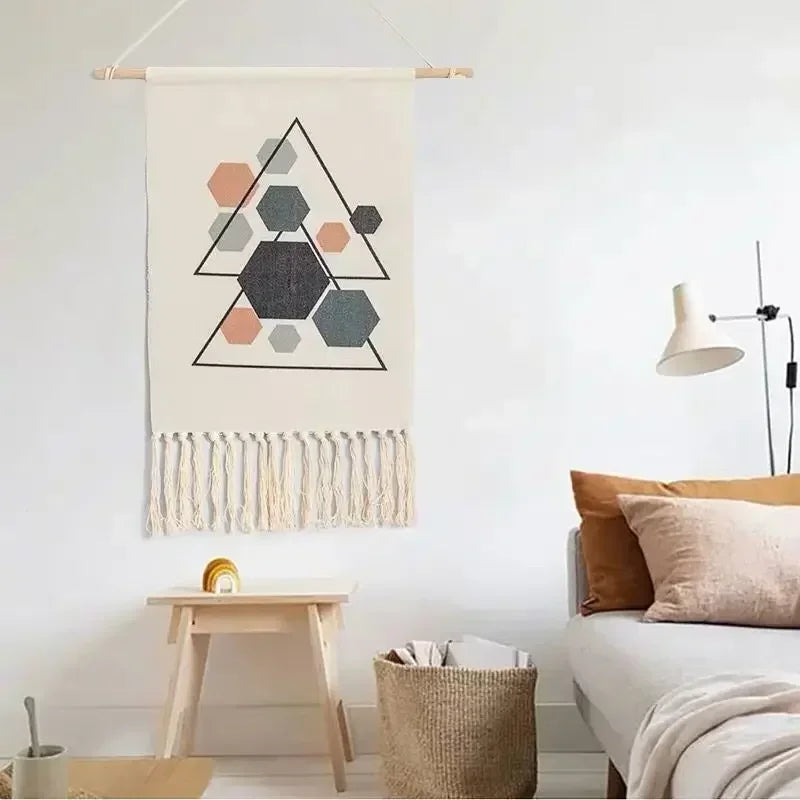 Macrame Wall Hanging Tapestry | Nordic Cotton Tassel Handmade Woven Bohemian Geometric Canvas Cloth - POUEV