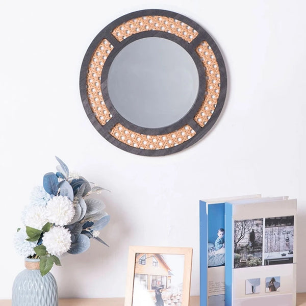 Bohemian Rattan Round Mirror | Stylish Wall Hanging for Bedroom and Living Room Décor - POUEV