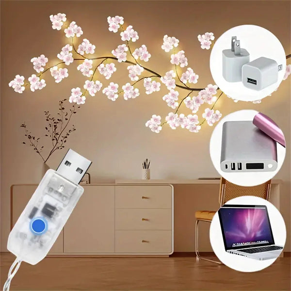 Cherry Blossom 96 LED USB Tree Branch Rattan Lights | 8 Modes Colorful String Lamp - POUEV