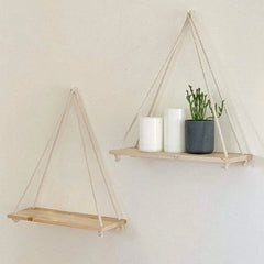 Wooden Hanging Shelf | Woven Rope Wall Shelf for Plants and Decor - POUEV
