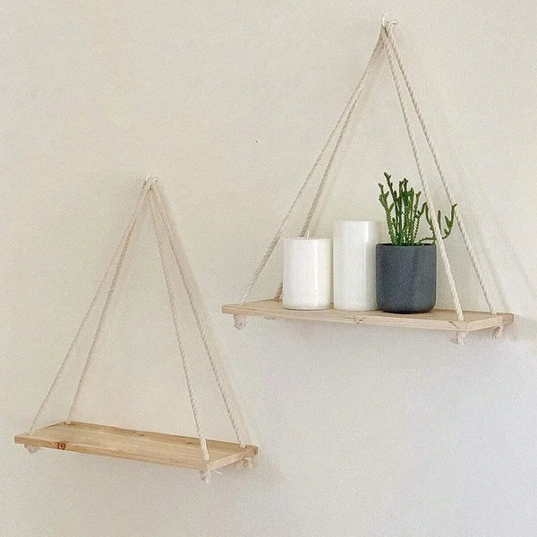 Wooden Hanging Shelf | Woven Rope Wall Shelf for Plants and Decor - POUEV