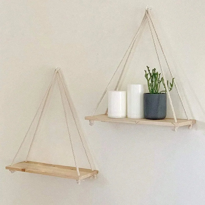 Wooden Hanging Shelf | Woven Rope Wall Shelf for Plants and Decor - POUEV