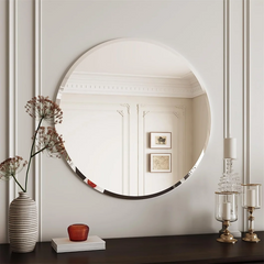 Frameless Round Wall Mirror | Elegant Beveled Edge Vanity Mirror for Bathroom, Bedroom & Entryway - POUEV