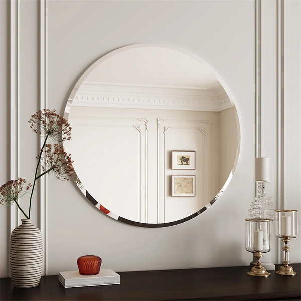 Frameless Round Wall Mirror | Elegant Beveled Edge Vanity Mirror for Bathroom, Bedroom & Entryway - POUEV
