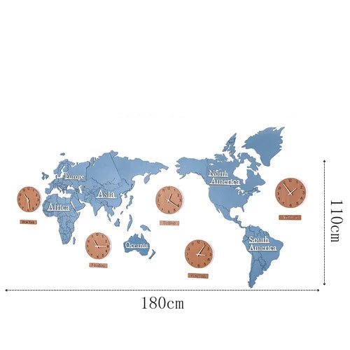 Nordic Wooden World Map Wall Clock | Silent Large Decorative Clock - POUEV