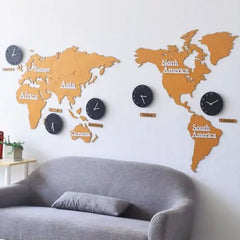 Nordic Wooden World Map Wall Clock | Silent Large Decorative Clock - POUEV