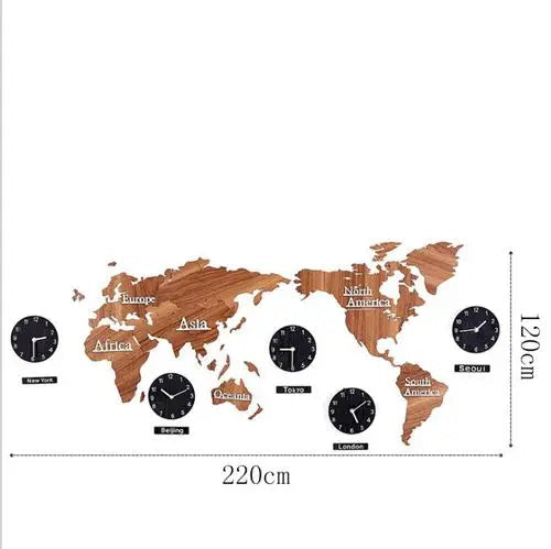 Nordic Wooden World Map Wall Clock | Silent Large Decorative Clock - POUEV