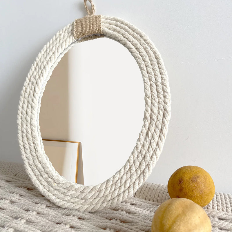 Cotton Rope Oval Mirror | Nautical & Coastal Style with Macrame Fringe | Hanging Oval Decorative Mirror - POUEV