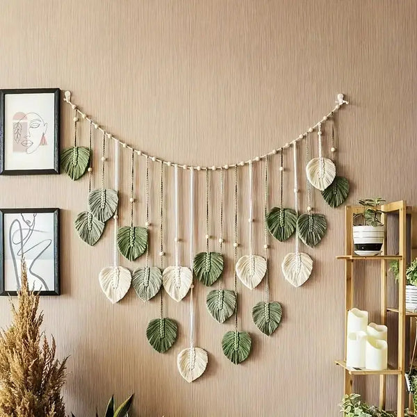 Boho Macramé Tapestry | Macramé Leaf Feather Wall Hanging | Boho Wall Art for Living Room and Bedroom - POUEV