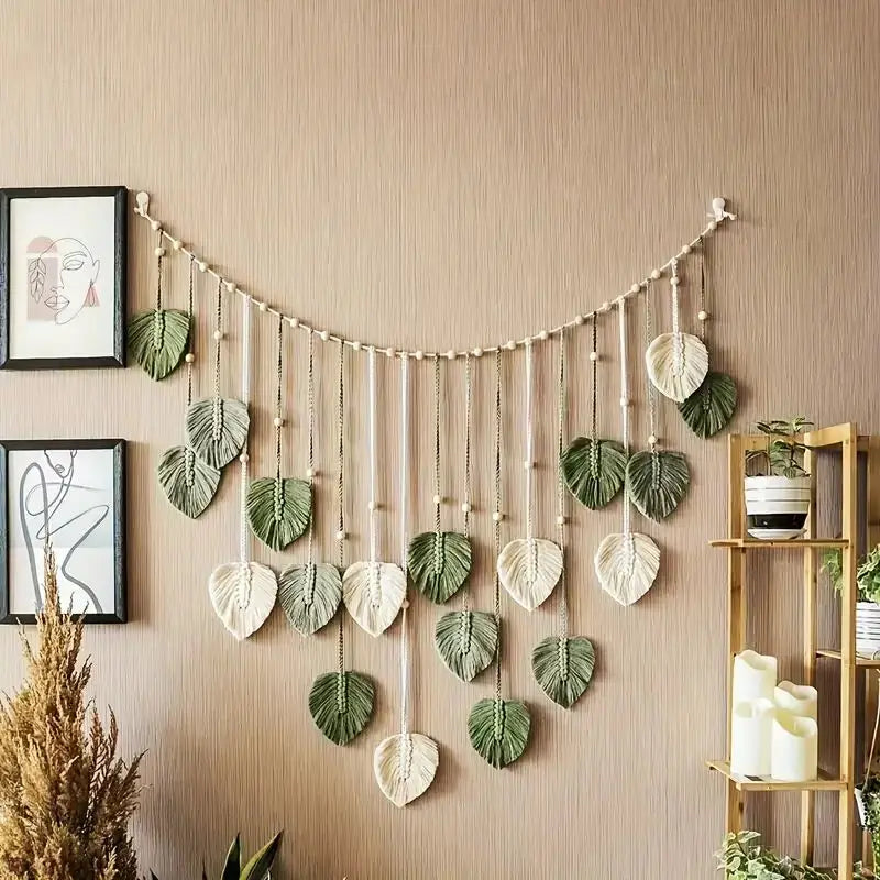 Boho Macramé Tapestry | Macramé Leaf Feather Wall Hanging | Boho Wall Art for Living Room and Bedroom - POUEV