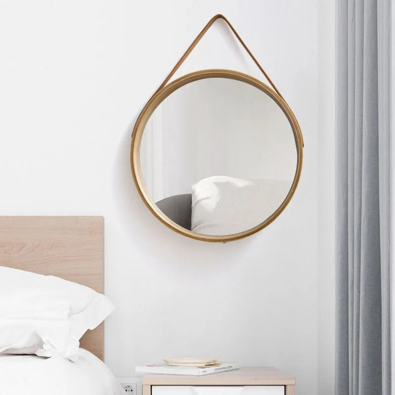 Round Wall-Mounted Vanity Mirror | Thick Wooden Border, No Perforation | Bathroom & Makeup Mirror - POUEV