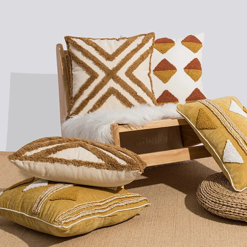 Nordic Gele Bruine Tufted Kussenhoes | Driehoekig Design | Sofa Decoratie - POUEV
