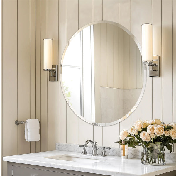 Frameless Round Wall Mirror | Elegant Beveled Edge Vanity Mirror for Bathroom, Bedroom & Entryway - POUEV