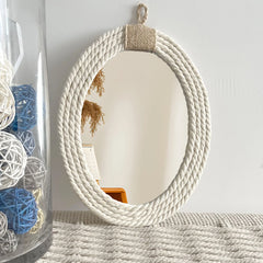 Cotton Rope Oval Mirror | Nautical & Coastal Style with Macrame Fringe | Hanging Oval Decorative Mirror - POUEV