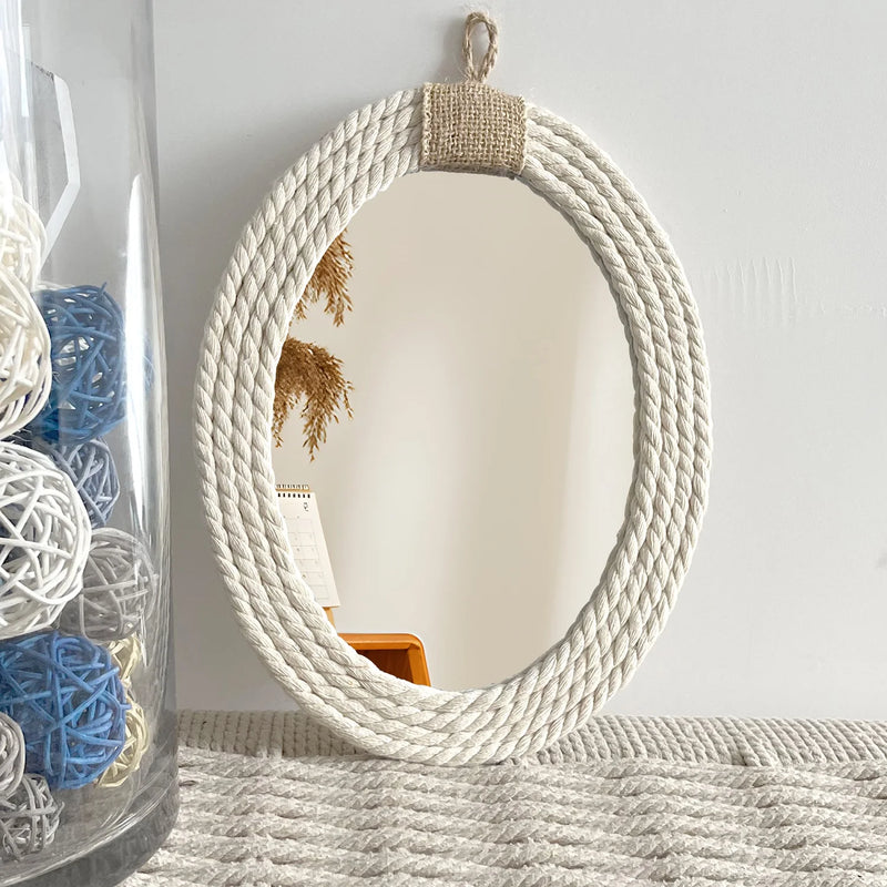 Cotton Rope Oval Mirror | Nautical & Coastal Style with Macrame Fringe | Hanging Oval Decorative Mirror - POUEV