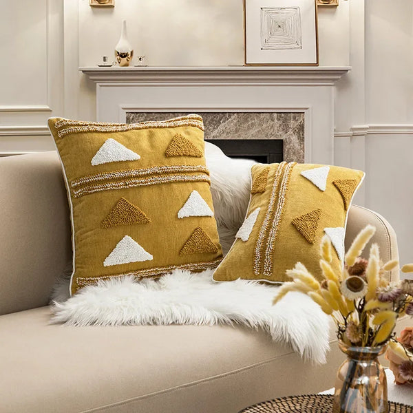 Nordic Gele Bruine Tufted Kussenhoes | Driehoekig Design | Sofa Decoratie - POUEV