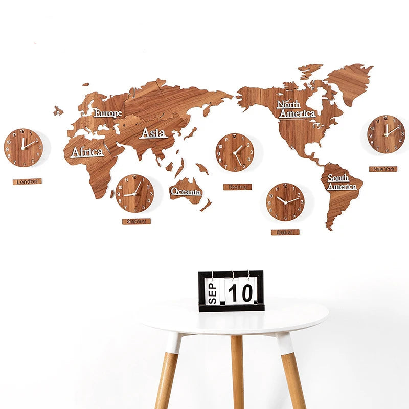 Nordic Wooden World Map Wall Clock | Silent Large Decorative Clock - POUEV