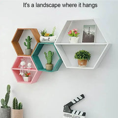 Nordic Style Wooden Hexagonal Wall Shelf - POUEV