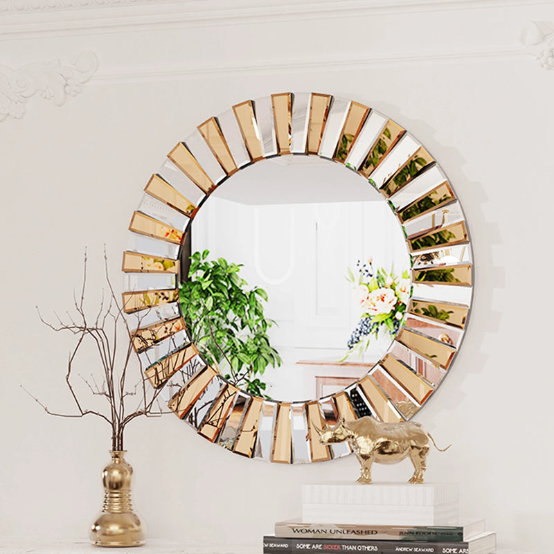 Sunburst Round Wall Mirror | Decorative Beveled Edge Accent Mirror for Living Room & Vanity - POUEV