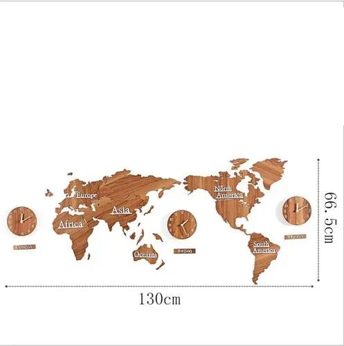 Nordic Wooden World Map Wall Clock | Silent Large Decorative Clock - POUEV
